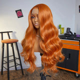 Flyshadow Orange Long Wave Wig Synthetic Lace Front Wigs For Women Heat Resistant Deep Wave Orange Wigs Daily Use Cosplay Natural Hairline