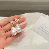 Flyshadow Irregular Metal Pendent Earrings Baroque Abnormity Pearl Korean Female Earrings Lava Pearl High Imitation Pearl Female Earrings