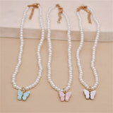 Flyshadow Korean Fashion Imitation Pearl Chain for Women Opal Butterfly Pendant Choker Necklace for Women Wedding Jewelry Accessories