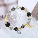 Flyshadow Gorgeous Black Obsidian Crystal Bracelet with Starry Night Sky Effect and Dazzling Blue Sandstone Beads Jewelry for Women