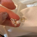 Flyshadow Light Luxury Diamond Inlaid Butterfly Pearl Earrings for Women with Korean Design Sense Temperament and Small Earrings