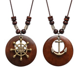 Flyshadow Ethnic Style Round Wood Beads Alloy Leaf Pendant Necklace For Women Girl Bohemian Sweater Chain Vintage Jewelry Accessories Gift