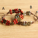 Flyshadow New Bohemian Style Woven Bracelet with Adjustable Size Metal Ceramic Beaded Bracelet Fashion Jewelry for Girl Gift