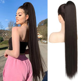 Flyshadow 30 Inch Drawstring Black Ponytail Long Straight Clip in Ponytail Hair Extension Synthetic Natural Hairpiece Pony Hair for Women