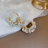 Flyshadow New Exquisite White Flower Splicing Hoop Earrings for Women Fashion Versatile C Earrings Korean Trend Elegant Jewelry