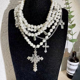 Flyshadow Y2K Accessories Pearl Cross Necklaces Multi Layer Choker Set Charms Necklace for Women Korean Fashion Necklace Punk Goth Jewelry