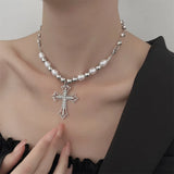 Flyshadow Neo-Gothic Bling Cross Pendant Necklaces For Women Girl Vintage Minimalist Pearl Necklace Clavicle Chain Punk Clavicle Choker