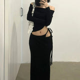 Flyshadow 2024 Spring New Korean Strapless Sexy Threaded Knitted Long Sleeve T-Shirt Women + High Waist Lace Up Black Skirt Two-Piece Suit