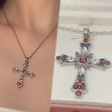 Flyshadow Pink Zircon Cross Pendant Jewel Necklace Fashion Gothic Punk Y2K Rhinestone Jewellery Fashion Charm Statement Women Gift