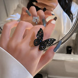 Flyshadow Mysterious Sexy Black Crystal Butterfly Rings Korean Fashion Jewelry Party Gothic Girl Exaggerated Accessories for Woman Gifts