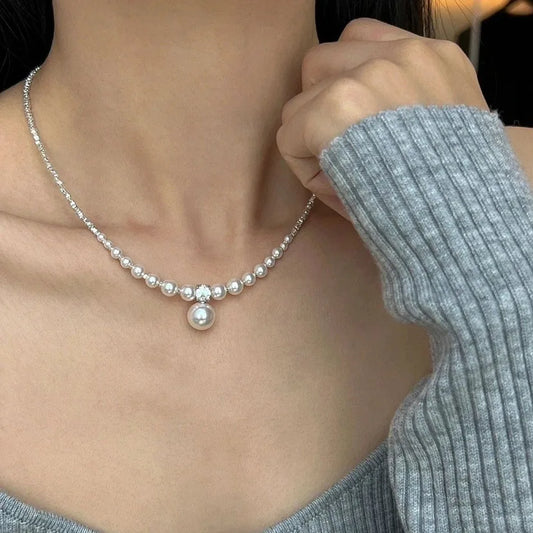 Flyshadow Exquisite Charm Imitated Pearl Neck Chain Trendy Cubic Zirconia Necklace Women's Classic Delicate Silver Colour Square Necklaces