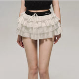 Flyshadow Kawaii Sexy Ruffle White Mini Skirt Fairycore Cake Pleated Lace Up Short Skirts Coquette Casual Layered Patchwork Skirt