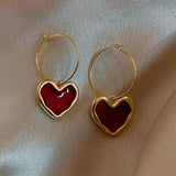 Flyshadow Red Enamel Oil Heart Dangle Earrings for Women Party Romantic Statement Jewelry Trendy Simple Golden Metal Hoop Earrings