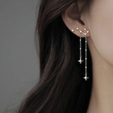 Flyshadow Romantic French Silver Color Asymmetric Star Long Tassel Korean Fashion Zircon Drop Earring For Girl Women Birthday Gifts