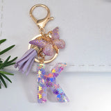 Flyshadow Purple A To Z 26 Letters Key Chain Women 26 Initials Alphabet Butterfly Tassel Key Rings Wallet Charms Pendant Jewelry Gifts