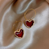 Flyshadow Red Enamel Oil Heart Dangle Earrings for Women Party Romantic Statement Jewelry Trendy Simple Golden Metal Hoop Earrings