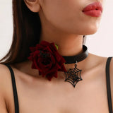 Flyshadow Punk Style Red Rose Necklace For Women Fashionable PU Leather Adjustable Club Party Collar Women Fashion Jewelry New