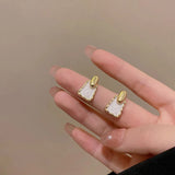 Flyshadow Small Trapezoid Stud Earrings for Women Party Elegant Jewelry Simple White Enamel Oil Golden Geometry Earrings Acessories