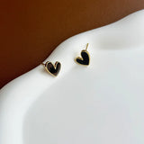 Flyshadow Cute Black Heart Stud Earrings for Women Girls Party Small Jewelry Enamel Oil Golden Color Simple Geometry Love Earrings