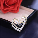 Flyshadow Luxury Double Layer Love Heart Brooches For Women Elegant Rhinestone Imitation Pearl Heart Pins Sweater Cardigan Buckle Jewelry