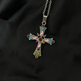 Flyshadow Fashion Y2K Punk Pink Purple Zircon Cross Necklace for Woman Rhinestone Pendant Clavicle Chain Charm Party Jewelry Accessories