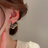 Flyshadow Inlaid Zircon Black Crystal Silver Colour Butterfly Earrings Women's Personality Fashion Earrings Wedding Birthday Gifts