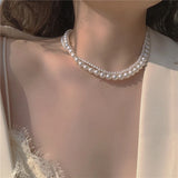 Flyshadow French Retro Multi-Layered Pearl Choker Simple White Acrylic Bead Chain Necklace Elegant Jewelry