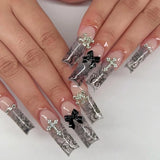 Flyshadow 24Pcs Long Square Fake Nails with Pearl Wearable Ballet False Nails Bow Flower Design Pink French Press on Nails Full Nail Tips