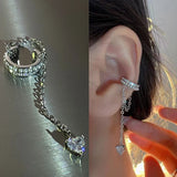 Flyshadow Sparkling Heart Zircon Shining Long Tassel Ear Cuff No Piercing Earrings Female Trendy Design Ear Clip Earrings Party Jewelry