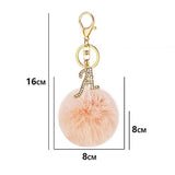 Flyshadow Fashion Metal Rhinestone Letter Keychains With Pink Pom Pom Faux Rabbit Fur Ball For Women Handbag Decoration