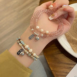 Flyshadow Sweet Bell Bracelet for Women with 4mm Crystal Beads Wristband Double Layer Fine Jewelry Cute Girls Hand Accessory Best Gifts