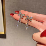 Flyshadow Fashion Crystal Tassel Earrings For Women Korean Bow Stud Earrings Simple Acrylic Zircon Earrings Fashion Jewelry Accessories