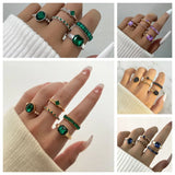 Flyshadow Vintage Crystal Ring Sets for Women Aesthetic Geometric Luxury Lady Jewelry Gift Fashion Pearl Rings 5pcs/6pcs/10pcs