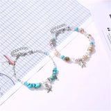Flyshadow Beads Starfish Charm Anklets for Women Beach Anklet Turquoise Crystal Bracelet Metal Foot Chain Boho Jewelry