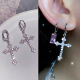 Flyshadow Cool Pink Rhinestone Zircon Cross Earrings For Women Korean Fashion Earring Daily Birthday Party Jewelry Gifts