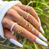 Flyshadow Vintage Crystal Ring Sets for Women Aesthetic Geometric Luxury Lady Jewelry Gift Fashion Pearl Rings 5pcs/6pcs/10pcs