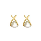 Flyshadow Simple Gold Color Metal Cross Earrings Fashion Triangular Imitation Pearl Earrings For Women Retro Jewelry Classic Earrings