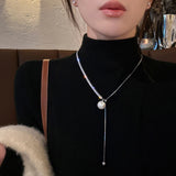 Flyshadow Y2K Long Snake Bonetassel Shiny Chain Necklace for Women Simple Long Pulling Pearl Adjustable Clavicle Chain Necklace 2024 New