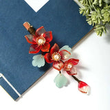 Flyshadow 1 Pcs Red Flower Crystal Pearls Hair Clips Vintage Chinese Style Hairpins Jewelry Women Girls Hanfu Dress Headpieces