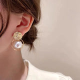 Flyshadow Irregular Round Large Pearl Hollowed Geometric Metal Earrings For Women Party Gift Fashion Jewelry Accessories