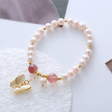 Flyshadow Elegant Freshwater Pearl Bracelet for Women with Chic Butterfly Pendant Fashion Jewelry and Pink Cat Eye Stone Beads Girls Gifts