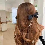 Flyshadow Trendy Pearl Chain Bow Hair Clip Temperament Bow Headwear Hair Accessories Sweet and Cute Korean Hair Accessories Girl