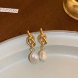 Flyshadow New Design Metal Knot Pearl Pendant Earrings for Korean Fashion Jewelry Women's Unusual Accessories Sweet Earrings for Girls