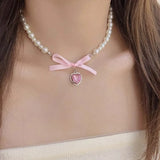 Flyshadow Pink Love Bow Women's Necklace 2024 Imitation Pearl Plush Bear Luxury Banquet Clavicle Chain For Women Jewelry Accessories New