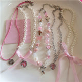 Flyshadow Kpop Goth Vintage Y2K Aesthetic Bowknot Heart Pendant Pink Beaded Pearl Chain Necklace Egirl EMO 2000s Lolita Jewely Accessories