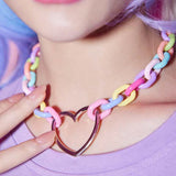 Flyshadow Kawaii Aesthetic Rainbow Chain Heart Pendant Necklace Korean Fashion Harajuku Necklace for Women Y2K Jewelry 2000s Accessories