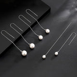 Flyshadow Stainless Steel Long Wire Tassel Thread Chain Pearl Pendants Drop Earrings Women's Straight Hanging Earrings 6/8/10MM Pearl