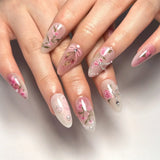 Flyshadow 24Pcs Short Round Head Pink Fake Nails with Rose Flowers leaf Pattern Wearable Almond False Nail Full Cover Press on Nails Tips