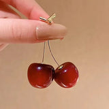 Flyshadow Cute Red Cherry Drop Earrings for Women Party Temperament Jewelry Delicate Golden Color Metal Acrylic Fruit Dangle Earrings