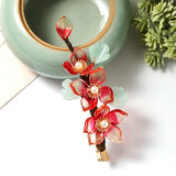 Flyshadow 1 Pcs Red Flower Crystal Pearls Hair Clips Vintage Chinese Style Hairpins Jewelry Women Girls Hanfu Dress Headpieces